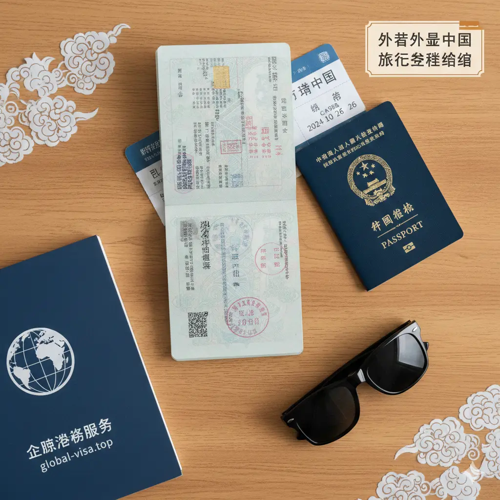 一张精致的平铺摆拍图（Flat lay），总结外籍人士或签证服务的相关主题。桌面上整齐摆放着一本打开的外国护照（露出中国签证页或入境章）、一张飞往中国的机票、一副墨镜以及带有Global Visa风格的简约笔记本。光线为明亮的自然光，阴影柔和。这张图片不仅呼应了文章中关于外籍人士的证件要求，同时也强化了global-visa.top作为专业签证服务商的品牌形象。