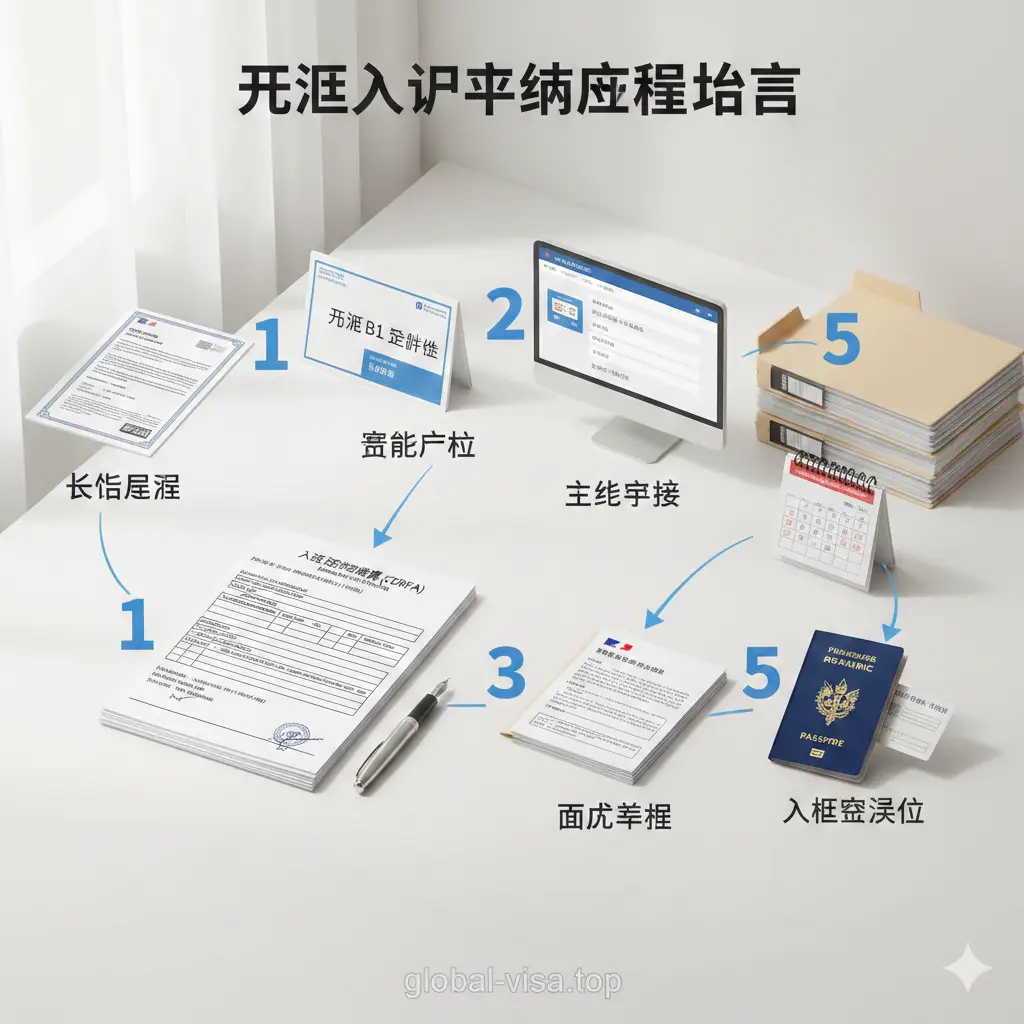 一张详细描绘法国入籍申请流程的步骤图。背景是干净的工作台，上面摆放着法语B1证书、申请表格（CERFA）、钢笔和整齐的文件档案。画面通过半透明的数字箭头（1-5）连接不同的申请阶段，从长期居留到面试、再到入籍宣誓。色调明亮、柔和，光线从侧面射入，给人以清晰、透明、按部就班的指导感，消除申请者的焦虑。