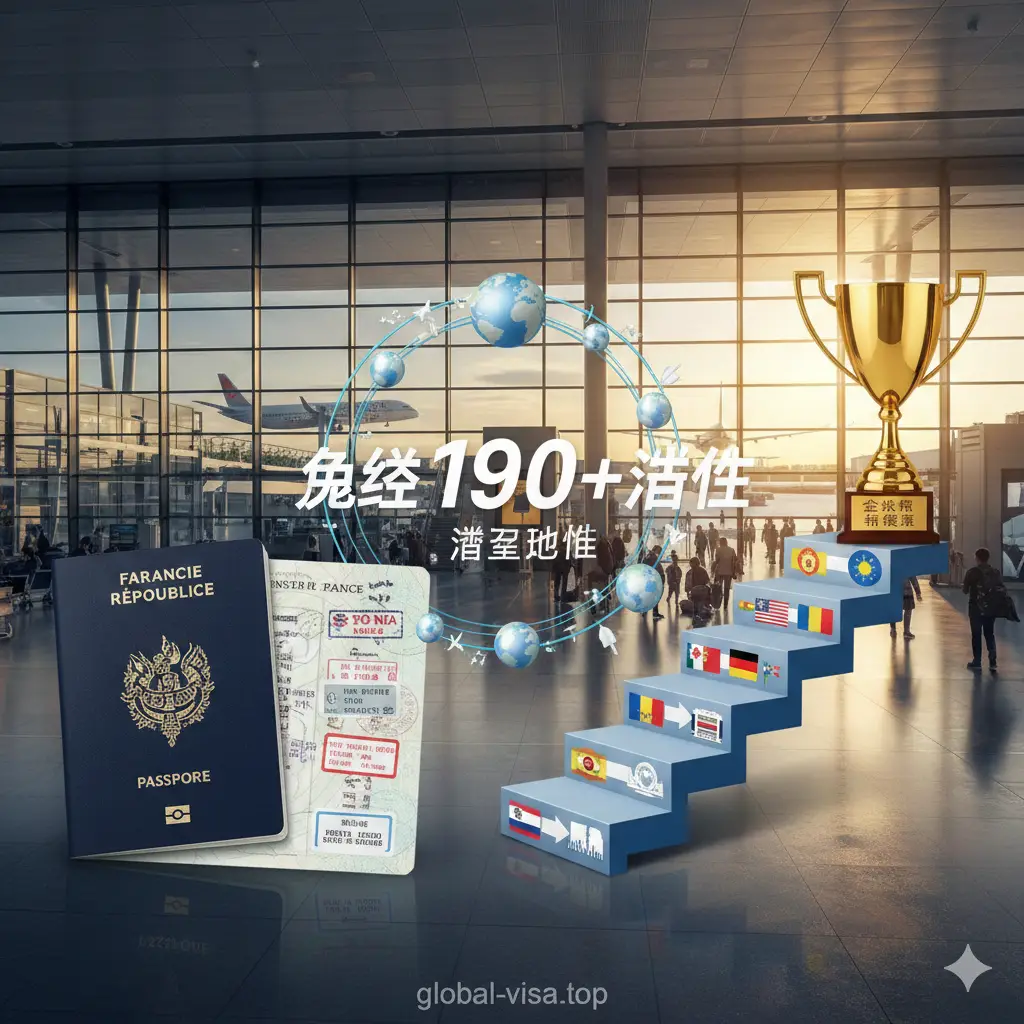 一张强调法国护照含金量的优势展示图。采用对比构图，画面左侧是法国护照，右侧是象征全球排名第一或前列的奖杯或阶梯。背景是充满活力的机场航站楼玻璃幕墙，阳光洒进室内。画面中融入了‘免签190+目的地’的视觉化数据，整体设计充满动感与优越感，体现出持有该护照在国际旅行中的极高地位。