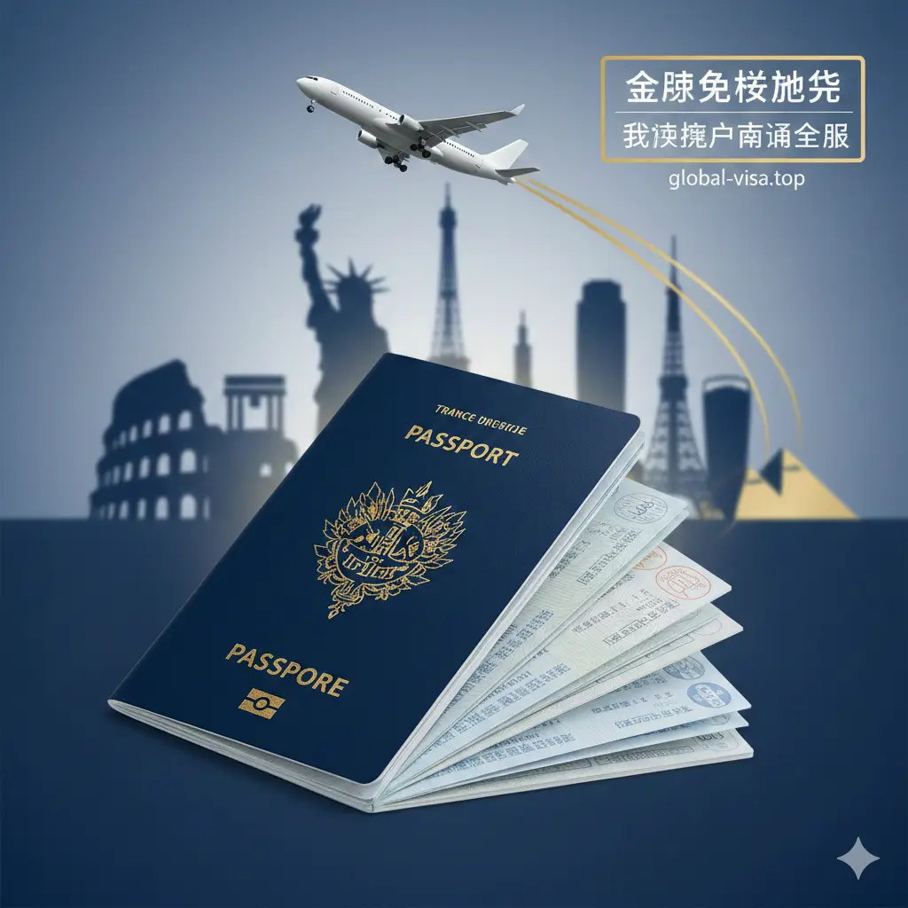 一张极具质感的封面图。画面中心是一本深蓝色的法国护照，封面上的金色国徽在柔和的光线下闪闪发光。背景是模糊的全球知名地标建筑群（如巴黎埃菲尔铁塔、纽约自由女神像、东京塔等）以及一架起飞的民航客机。整体色调采用深蓝色与金色对比，营造出权威、高端且自由的国际旅行氛围，构图平衡，适合作为文章头图。