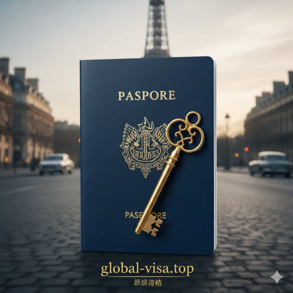 一张极具质感的法国护照特写图片。画面中央是一本深蓝色的法国护照，封面上的金色烫金国徽在微光下闪烁，旁边点缀着一把复古的欧洲风格钥匙，背景是模糊的埃菲尔铁塔剪影和淡雅的法式街道。整体色调偏向高端商务蓝和暖金色，采用浅景深构图，体现出身份的尊贵感与通往自由的象征意义，适合作为global-visa.top网站的头图。