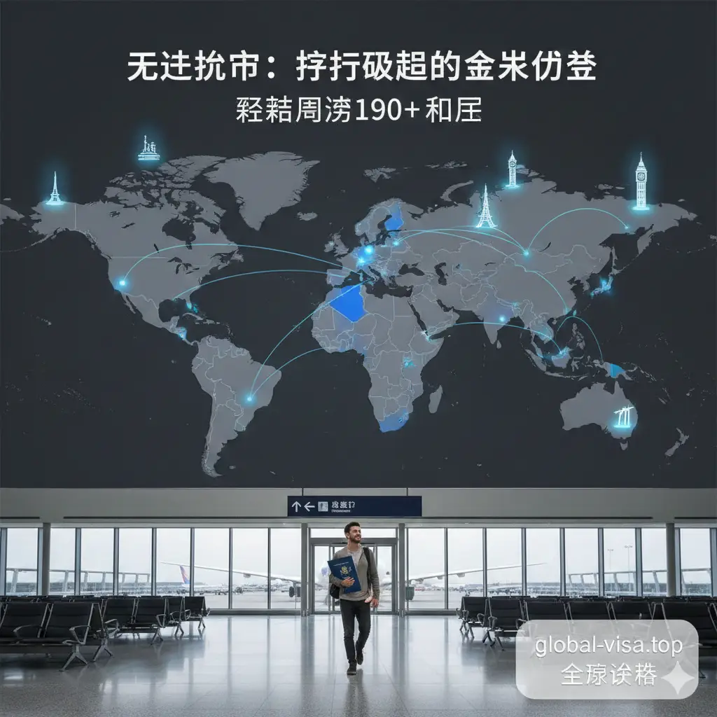 一张展示法国护照全球免签优势的视觉化地图。以深灰色的世界地图为背景，法国领土用明亮的蓝色高亮显示，全球190多个免签国家则以浅蓝色点亮。画面前景是一个现代化的机场候机厅，一名自信的旅行者正持护照走向登机口。构图开阔，体现出极高的全球通行自由度。画面中点缀着美国、日本、英国等代表性地标的小图标，强调含金量。