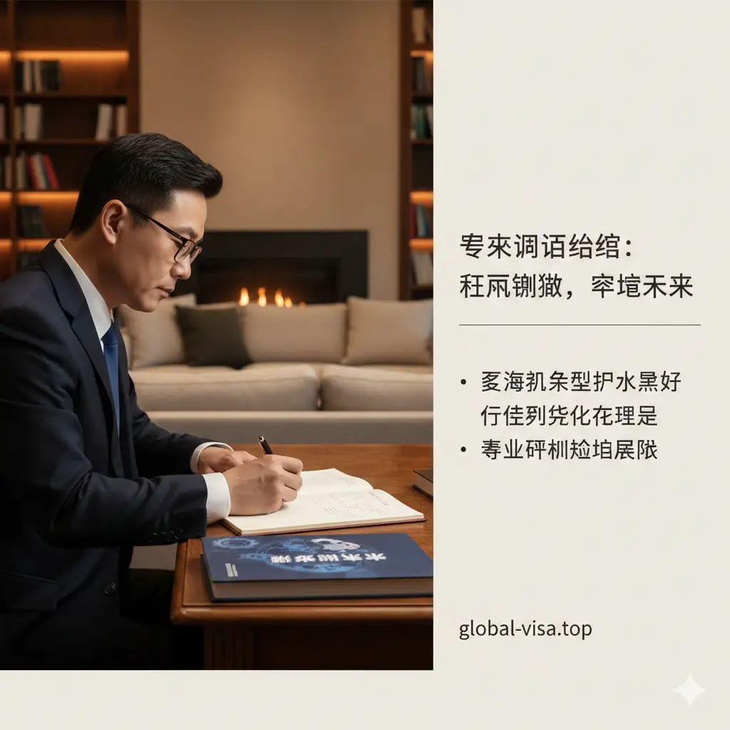 一张稳重、专业的总结性图片。画面中心是一位穿着职业装的专家侧影，正在签署一份具有保障意义的规划书。背景是温暖的图书馆或高端商务休息室。画面右侧留白，适合放置总结性文字。整体色彩以温暖的木质调和米白色为主，营造出一种‘未雨绸缪、确定的未来’的安心感，呼应文章结语中的身份规划启示。