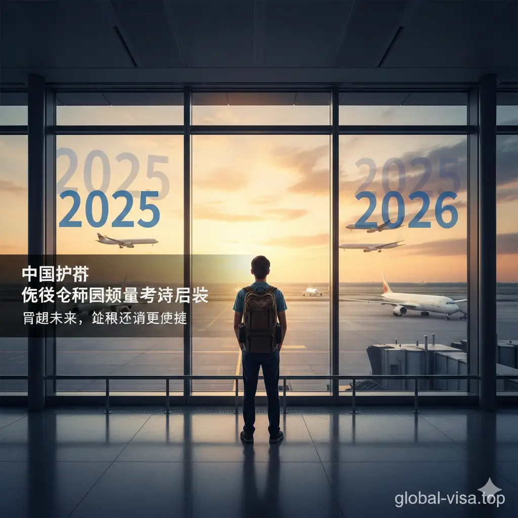 一张富有远见的总结性图片。画面展示一个年轻的旅行者背着行囊，站在现代化的机场落地窗前，眺望远方待飞的客机。窗玻璃上倒映着‘2025-2026’的数字变幻。构图开阔，意境深远，冷色调的科技感与暖色的夕阳余晖融合，象征着中国护照免签政策的持续扩展和美好未来，给人以信赖感和对下一段旅程的期待。