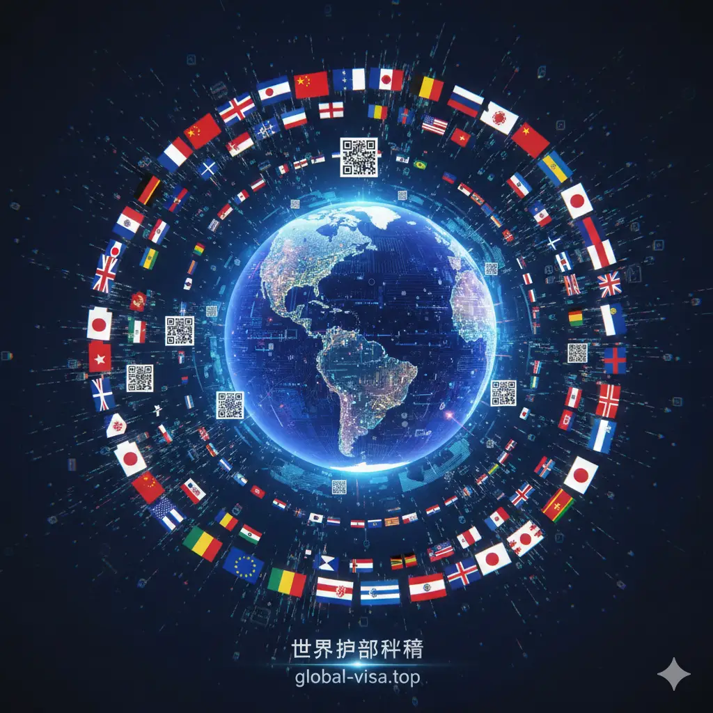 总结全球旅行自由度与未来趋势的意向图。画面展示一个虚幻的数字地球，周围环绕着动态的电子机票、二维码、以及不同国家的国旗元素，象征数字化签证和电子旅行许可（ETA）的普及。构图具有发散性，色彩绚丽且和谐，象征着未来的世界虽然地缘政治复杂，但通过身份规划依然能实现无界通行。画面底部留有适当空间，给人以无限遐想。