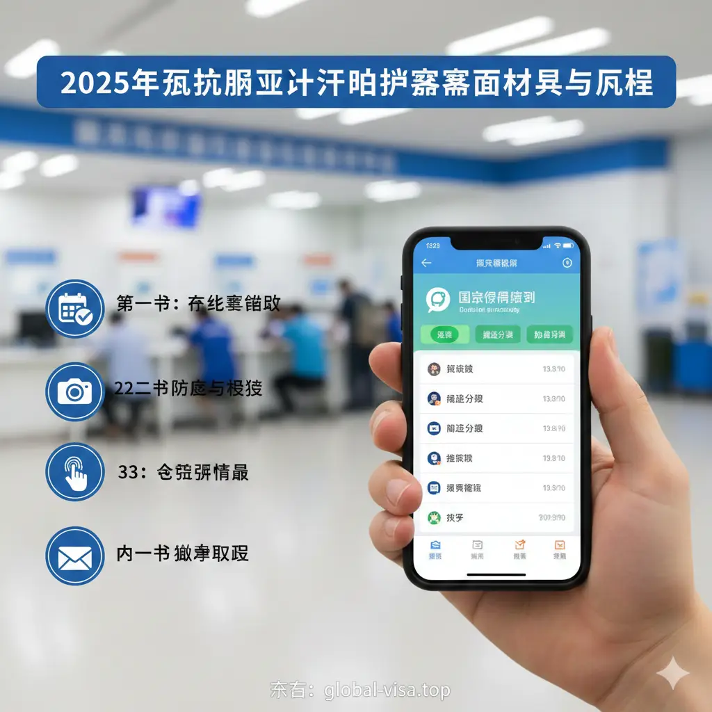 流程化的教程指示图。画面展示一只手正在使用智能手机操作“国家移民管理局”小程序界面，背景是福州市市民服务中心的模糊内景。图中加入简单的步骤图标（如预约、照相、采集指纹、取证），使用扁平化设计风格与实景结合，构图具有引导性，色调明快，让用户一眼看懂办理流程。