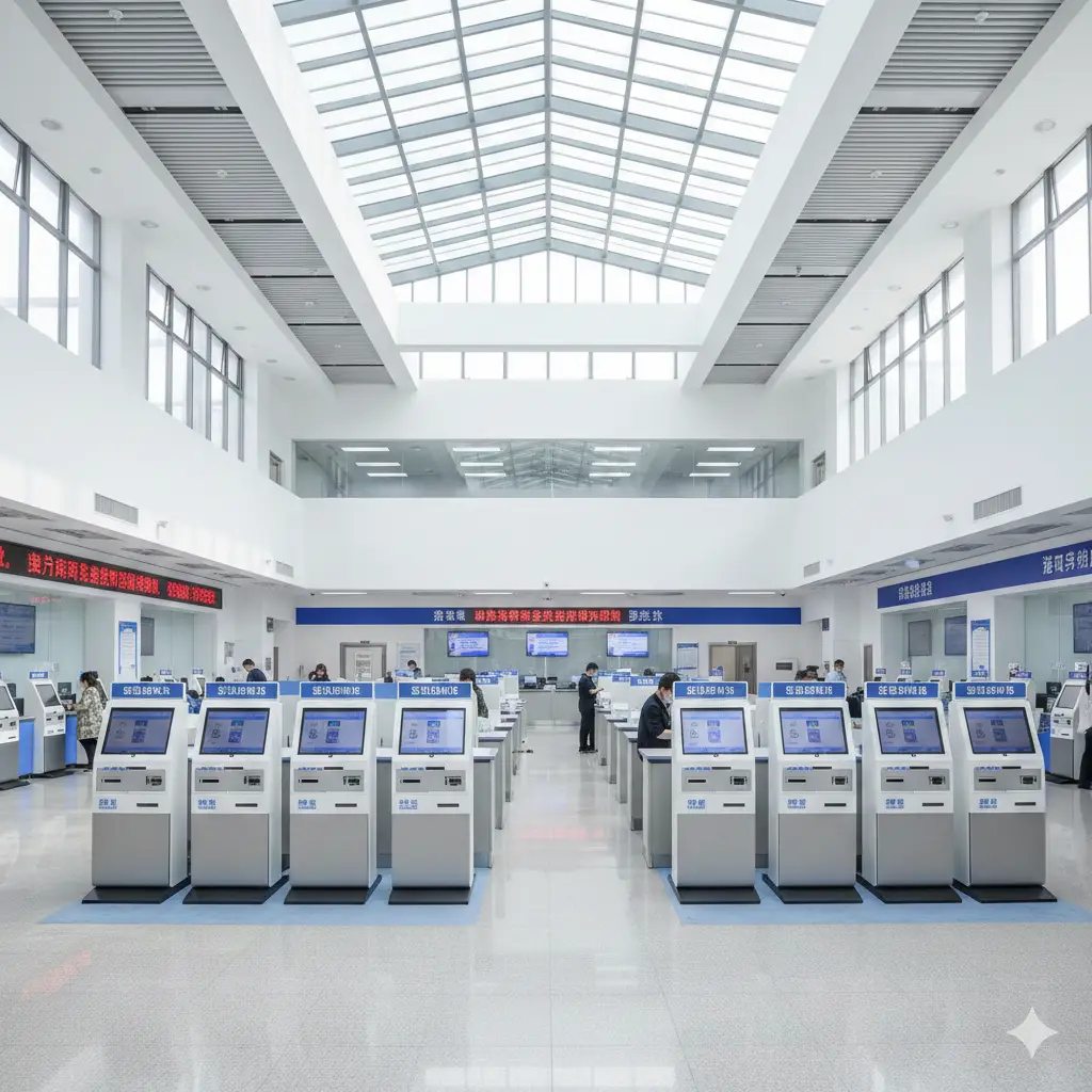 一张宽角镜头的实景风格图片，展示福州市市民服务中心出入境大厅的内部环境。空间宽敞明亮，秩序井然。可以看到一排排现代化的自助服务终端（自助照相机、自助填表机）和整洁的服务窗口。光线充足，地面倒影清晰，传达出高效、便民的政务服务形象，消除用户对排队拥挤的顾虑。