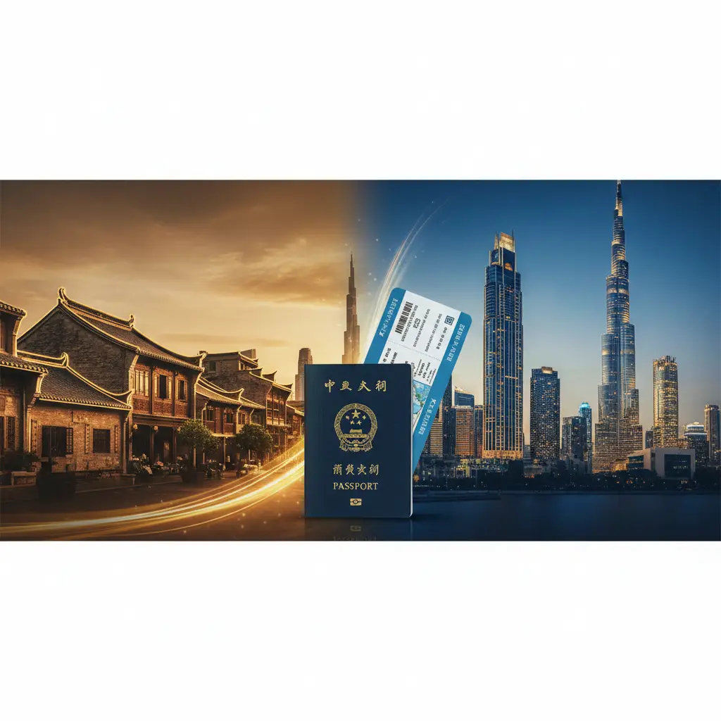 一张融合福州地标与迪拜现代建筑的精美合成封面图。左侧展现福州三坊七巷的古建筑剪影，右侧是熠熠生辉的迪拜哈利法塔。背景采用温暖的金色与商务蓝交织，中间醒目展示一本中国护照原件和一份登机牌。构图大气，色彩对比鲜明，充满旅行的期待感与国际化视野，风格干净利落。