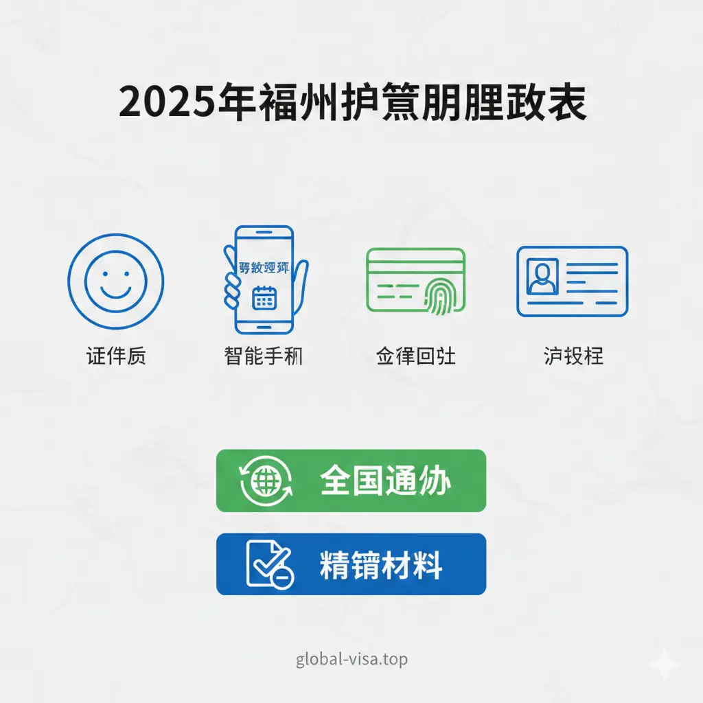 一张展示办证功能与材料的创意图片。画面采用扁平化图标风格，清晰列出护照办理的核心元素：身份证、智能手机（展示预约界面）、采集回执和一张微笑的证件照。背景使用浅灰色的极简纹理，色彩上运用蓝色和绿色的点缀来区分不同材料。构图整齐，通过视觉符号直观传达‘全国通办’和‘精简材料’的功能特性，让用户一眼看懂所需物资。