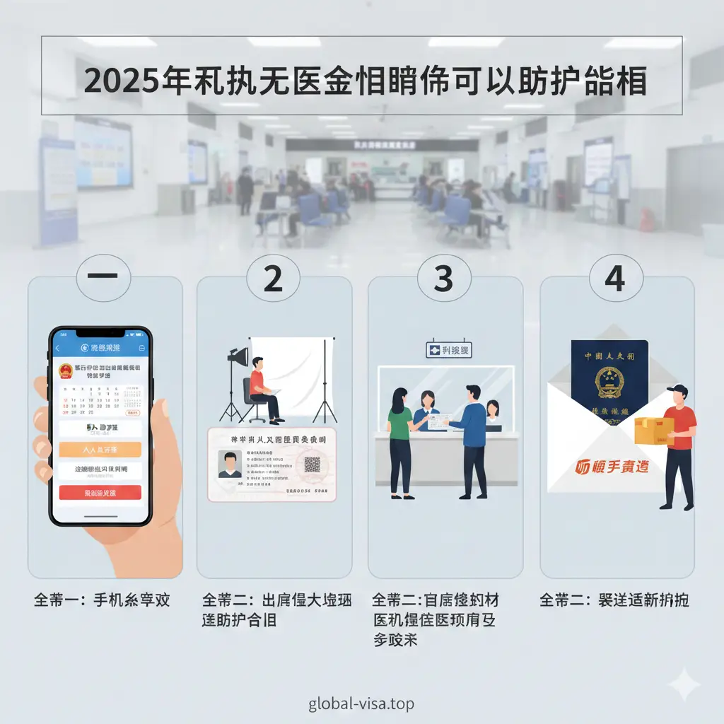 一张清晰的流程引导示意图。采用扁平化插画风格，分为四个步骤：第一步是手机线上预约，展示预约界面的手机屏幕；第二步是出入境大厅现场拍照采集；第三步是柜台窗口提交身份证，突出身份证原件的特写；第四步是快递送达护照。每个步骤都有清晰的数字编号，背景使用福州出入境管理局办事大厅的虚化实景，增强真实感和指导性。