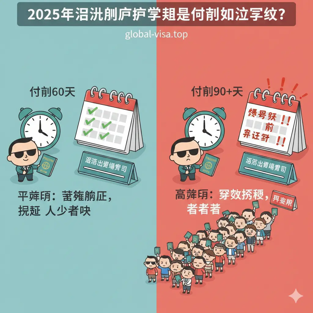 一张展示福州办证高峰期的功能性信息图。采用分屏构图,左侧是宁静的蓝绿色调,代表平峰期的轻松办理;右侧是繁忙的火红色调,代表寒暑假和春节前的拥挤人潮。图中包含闹钟提醒、日历标记以及福州出入境大厅的卡通指示牌。风格为扁平化商务插画,色彩对比鲜明,突出‘提前预约’的重要性。