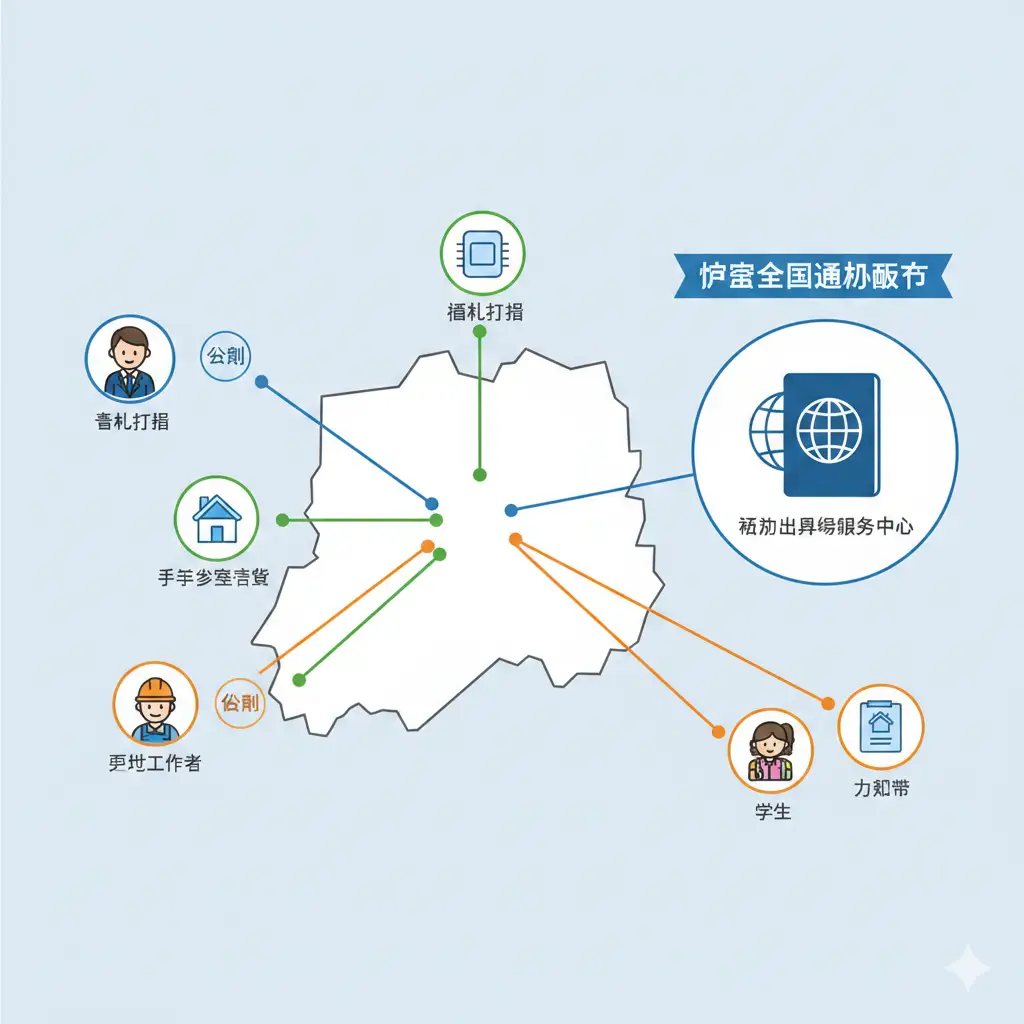 一张扁平化风格的插图，用于解释办理条件。画面中心是一张福州地图轮廓，周围环绕着三个主要元素的图标：身份证、福建省居住证和户口簿。通过连接线将不同人群（本地户籍、异地工作者、学生）与福州出入境服务中心连接起来，配色专业、简洁，直观地展示'全国通办'政策下的不同身份适用性。