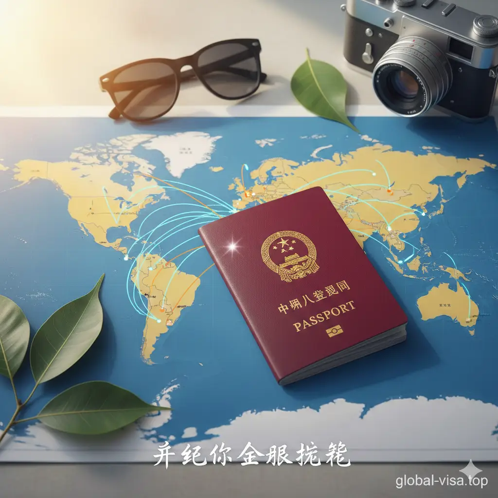 一张充满旅行向往感的总结图。画面展示一本护照放在世界地图或福州出发的航线图上，旁边点缀着照相机、墨镜和象征福州的榕树叶元素。阳光斜射入画面，营造出即将出发旅行的轻松氛围。色彩明快、饱和度高。画面下方留白处隐约可见‘开启您的全球旅程’字样，旨在引导用户办完护照后关注签证咨询服务，完美收尾文章内容。