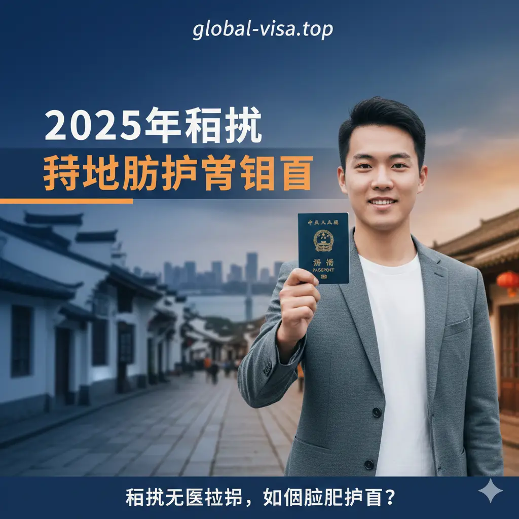 一张富有现代感和专业气息的文章封面图。画面中心是一名充满活力的年轻人在福州著名的地标性建筑三坊七巷前，背景带有一抹淡雅的福州城市轮廓。他手中自信地拿着一本中国护照，神情轻松。图片上方或侧面留白区域采用醒目的中文艺术字标注‘2025年福州异地办护照指南’，色彩方案以深蓝色和温暖的橙色为主，营造出权威且亲民的服务氛围。