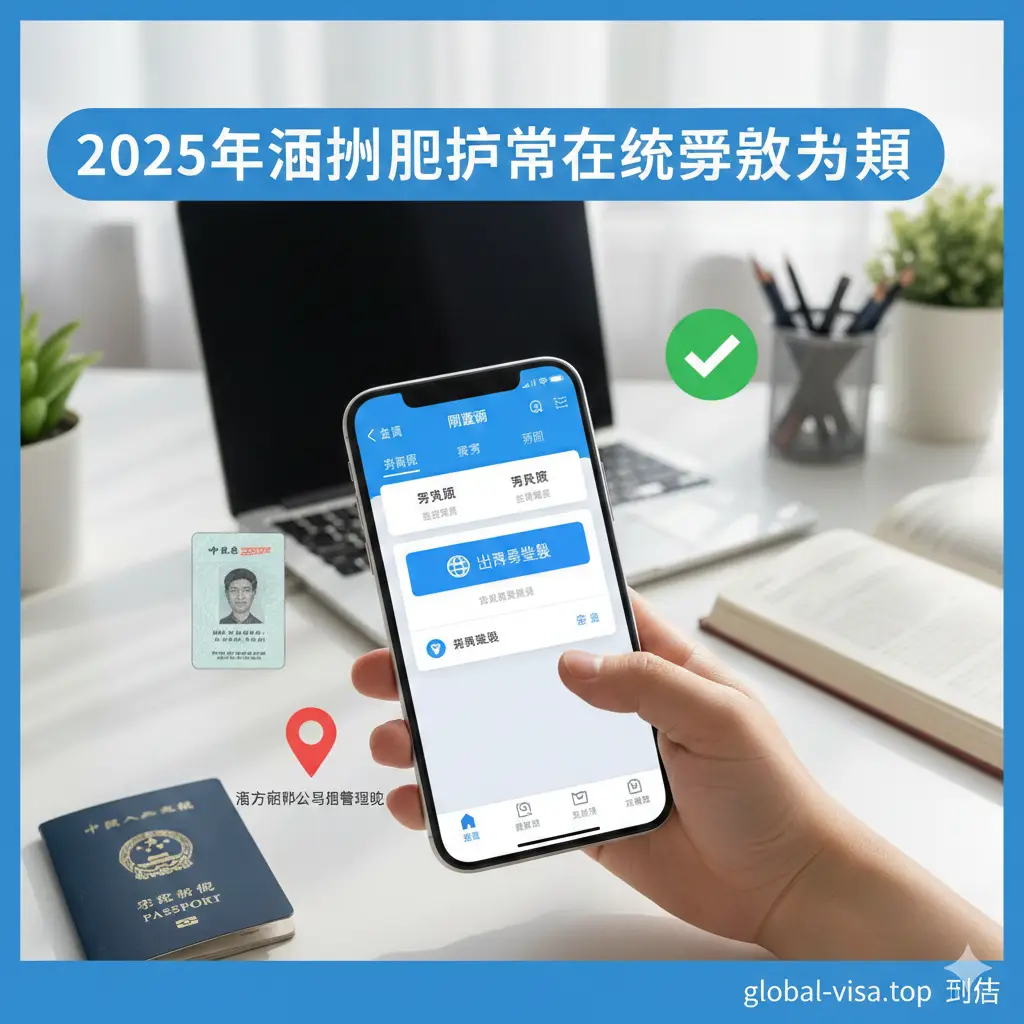 一张详细的在线预约流程教程图。画面展现一只手拿着智能手机,屏幕上清晰显示着‘闽政通’APP的模拟界面,手指正在点击‘出入境业务’按钮。手机周围环绕着身份证、预约成功的绿色对勾和地址定位图标。采用明亮的清新风格,背景是干净的办公室桌面,光影自然,具有极强的实操指引感。