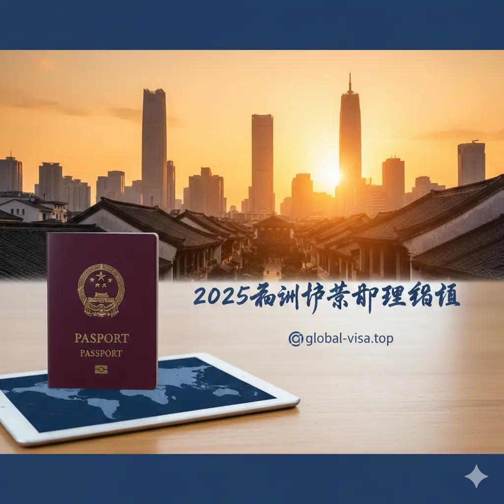 一张高质量且具有现代感的封面图。背景是福州著名地标三坊七巷的剪影与现代化城市天际线的融合，前景侧重展示一本崭新的中国护照，放置在干净的办公桌面上。色彩基调以温暖的阳光色和商务蓝为主，画面中央或侧方留有空间，带有‘2025福州护照办理指南’的艺术字样。整体视觉风格专业、权威，符合全球签证咨询站点的审美。