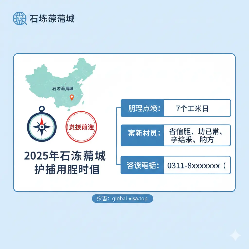 一张信息丰富的总结性图片。画面采用扁平化设计风格的信息图表（Infographic），左侧是一个Q版的小型指南针和地图，右侧列出核心要点：7个工作日、所需材料、咨询电话。色彩使用global-visa.top品牌标准色系。构图紧凑，底色清爽。图片中央是一个盖有‘审核通过’印章的视觉元素，为整篇关于2025年藁城护照办理时间的指南画上完美的句号。