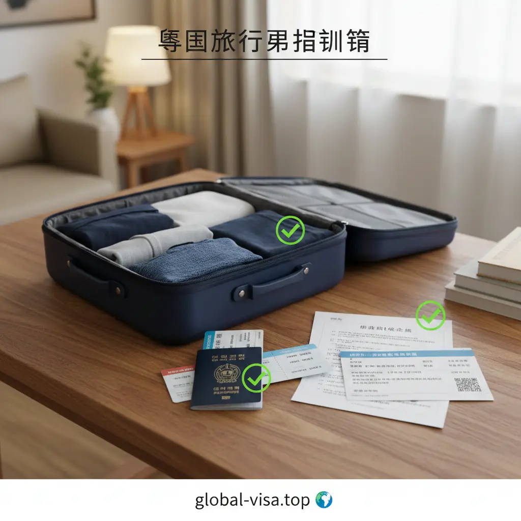 一张内容丰富的总结图。画面展示一个整理好的旅行包,旁边放着韩国护照、往返机票、一份申根医疗保险单和酒店订单。背景是温馨的家居环境。风格采用俯拍(Flat Lay)构图,色彩和谐自然。图片上点缀有清单打钩的小图标,视觉化地总结了入境德国所需的全部准备工作,给读者留下一个清晰、可靠且准备充分的行前印象。