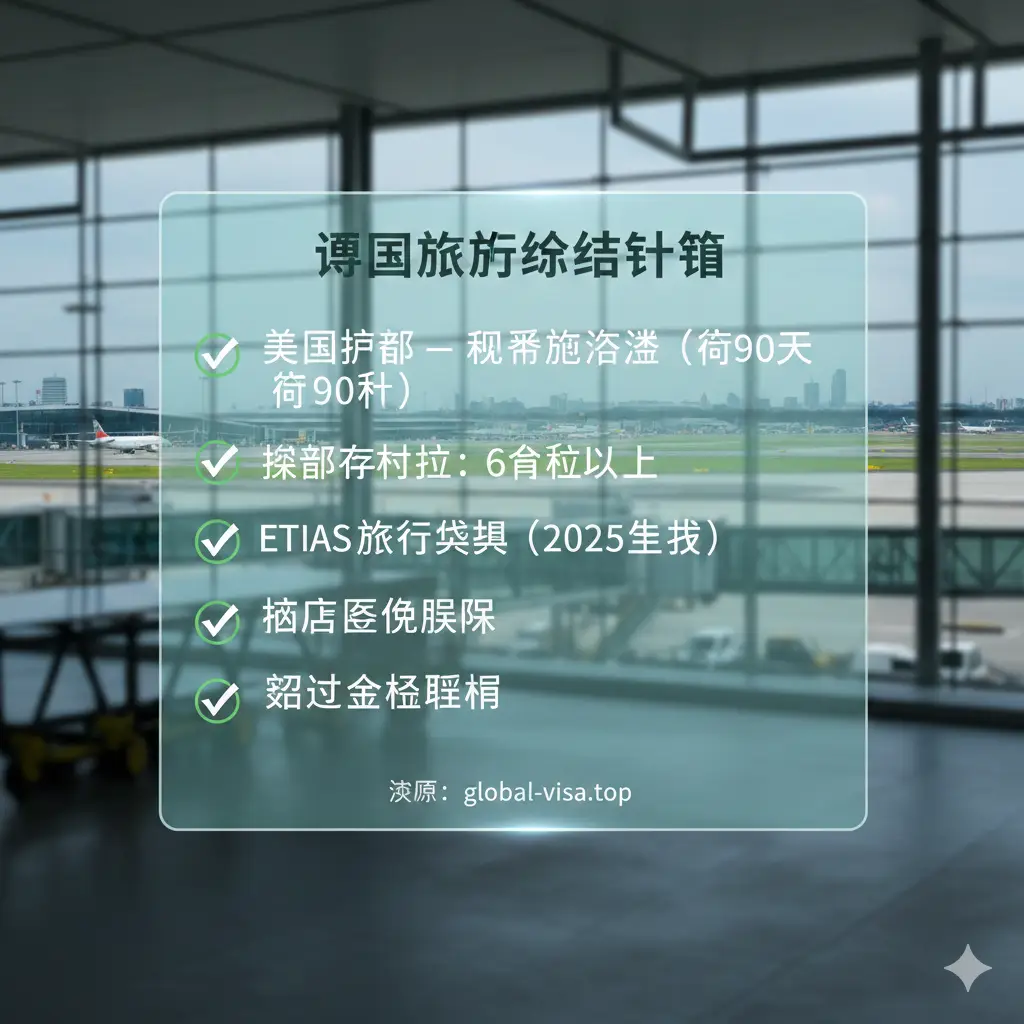 文章总结性质的图片，采用清单核对的形式。背景是模糊处理的法兰克福机场航站楼远景。画面前方悬浮着一个半透明的玻璃质感面板，上面列出了护照有效期、ETIAS授权、回程机票、医疗保险等关键词。整体视觉效果干净整洁，采用清新自然的色调，给读者一种万事俱备、安心出发的心理暗示，为全篇指南做完美收尾。