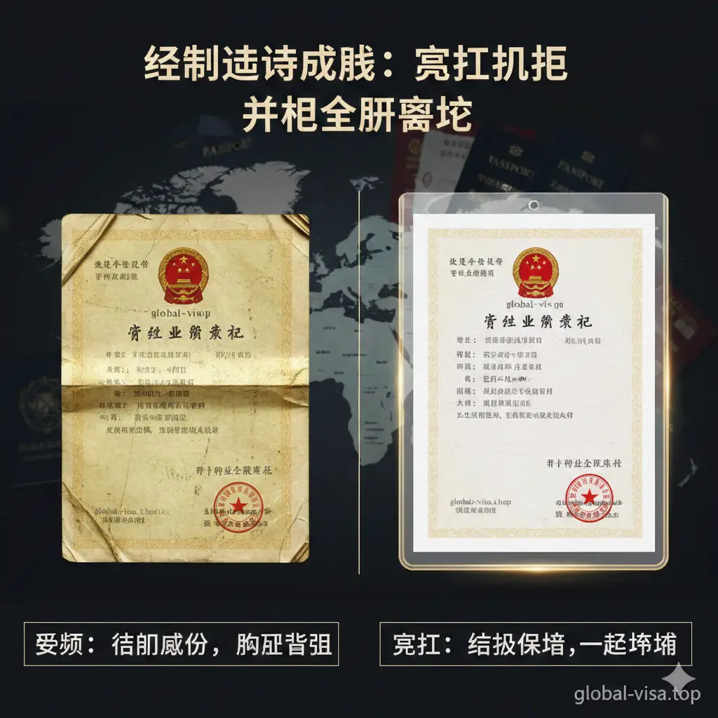 对比图展示优势。左侧是受损、有折痕且无保护的执照，色调暗淡；右侧是放在专业保护套中平整如新、光泽锃亮的执照，色调明快且伴有金色光效。背景隐约可见全球地图轮廓和签证护照元素，寓意完好的营业执照对 global-visa.top 客户申请全球商务签证、海外开户时的重要信用背书作用，强调‘细节决定成败’的企业理念。