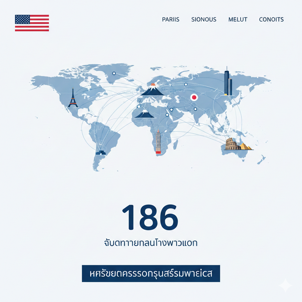 ภาพกราฟิกอินโฟกราฟิกที่ทันสมัย แสดงแลนด์มาร์คสำคัญของโลก เช่น หอไอเฟล ภูเขาไฟฟูจิ และตึกระฟ้าในนิวยอร์ก เชื่อมโยงกันด้วยเส้นประของการบิน สีสันสดใสในโทนน้ำเงิน ขาว และแดง ตามสีธงชาติสหรัฐฯ สื่อถึงขอบเขตการเดินทางที่กว้างขวาง 186 แห่งทั่วโลก เน้นความสะอาดตา สไตล์ Vector Illustration ที่ดูสะอาดและเข้าใจง่ายสำหรับผู้ใช้งานเว็บไซต์