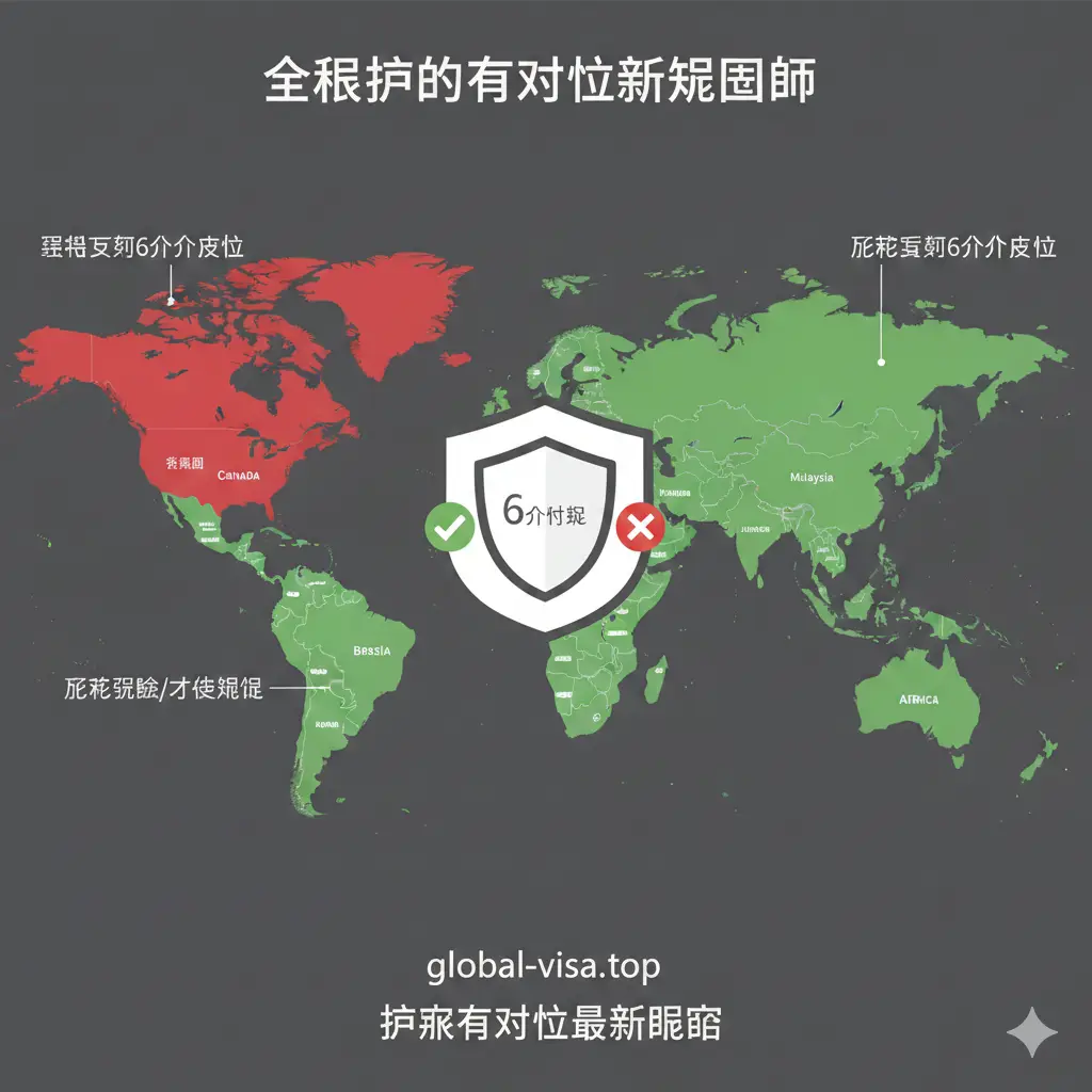 扁平化风格的信息图表（Infographic），展示一张世界地图。地图上用不同颜色区分‘严格执行6个月有效期’的国家（如泰国、新加坡，标记红色）和‘政策较宽松’的国家（如美国、日本，标记绿色）。画面中央有一个醒目的盾牌图标，上面写着‘6 Month Rule’，并带有对比鲜明的对勾和叉号，帮助用户一眼识别红黑榜国家分布，设计简洁现代，符合global-visa.top的专业形象。