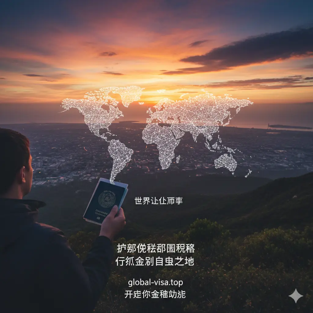 总结全文主题的收尾图。画面是一个人在落日余晖下的山顶俯瞰远方的城市和海洋，手中拿着一本护照。构图宽广，视野极佳，大面积的橙色和紫色晚霞营造出宁静而广阔的氛围。画面中央留白处隐约可见全球免签版图的轮廓，寓意‘世界就在脚下’。风格感性且具有行动号召力，完美呼应global-visa.top为用户开启全球自由之旅的品牌使命。