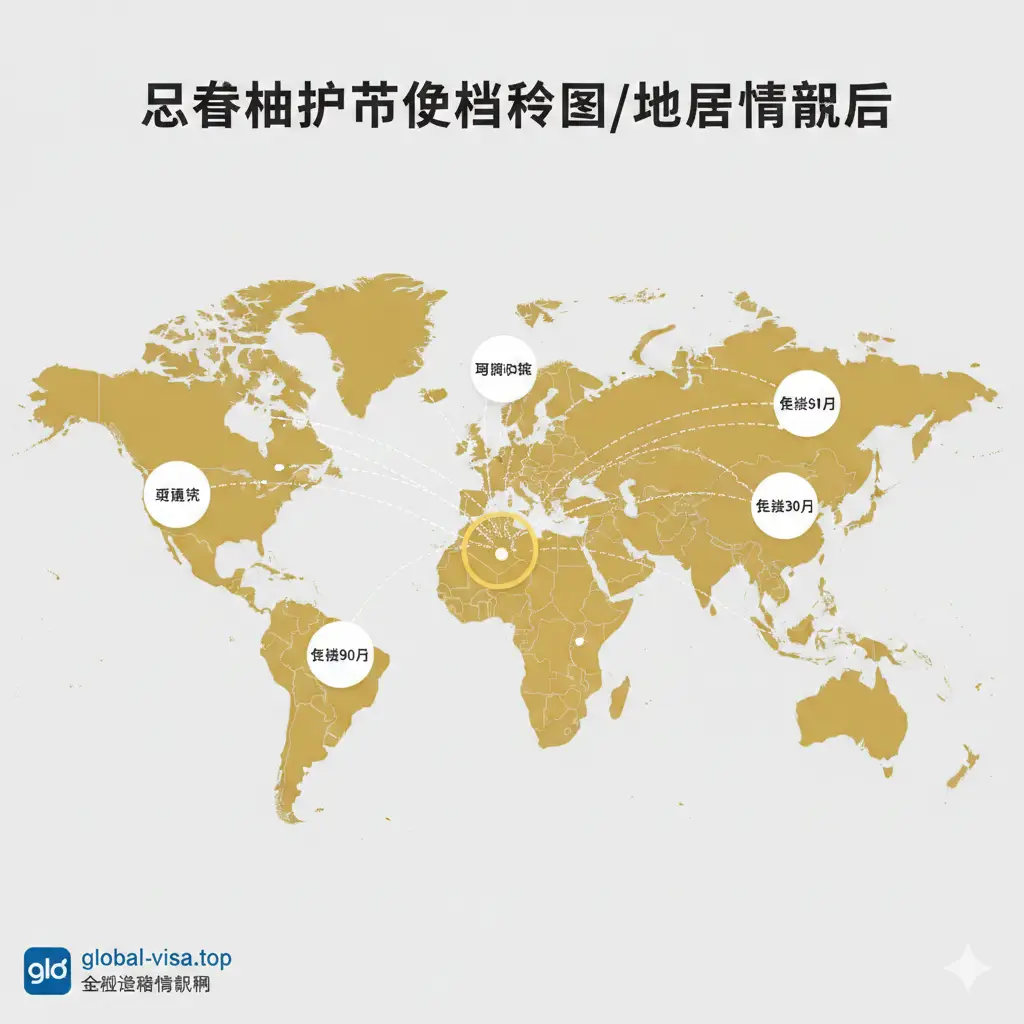 一张扁平化设计风格的世界地图信息图，专门用于展示巴哈马护照的免签区域。地图底色为浅灰色，用醒目的金色高亮显示美国、加拿大、申根区（欧洲）、英国和中国。在这些高亮区域上方悬浮着简洁的图标标签，分别标注'预通关'、'免签30天'、'免签90天'等关键信息。连接线从巴哈马辐射向全球，形成一张清晰的航线网络图。整体构图简洁明了，适合作为教程类插图帮助用户快速理解复杂的签证政策。