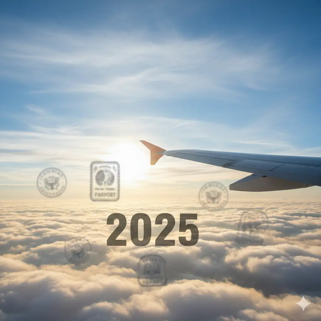 一张富有前瞻性的总结图片。画面主体是一架正在云端飞行的民航客机机翼，阳光穿过云层洒下金辉。在云海中隐约浮现出各种护照印章和‘2025’的数字字样。构图开阔，意境深远，象征着未来的无限可能和全球流动的自由。色彩以金黄色和天蓝色为主，传达出积极、开放且充满希望的结束语氛围。