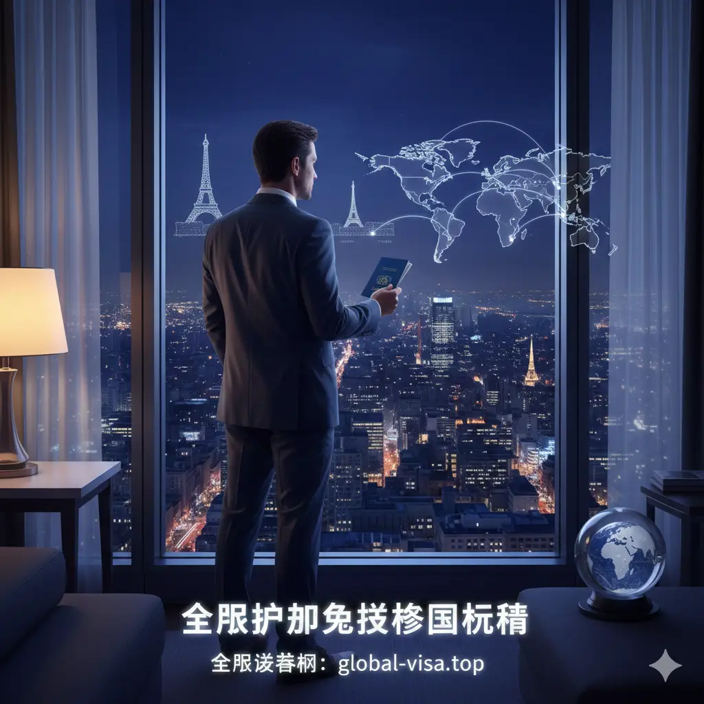 总结全文意境的视觉图片。画面展现一名成功人士站在落地窗前，俯瞰繁华的国际都市夜景，手中握着护照。窗户上映射着全球主要城市的剪影和各大洲的地图连接线。画面整体风格深邃且富有远见，使用冷色调夜景配合暖色调室内光，寓意规划身份就是掌控未来，为文章提供一个有力且充满思考的结尾。