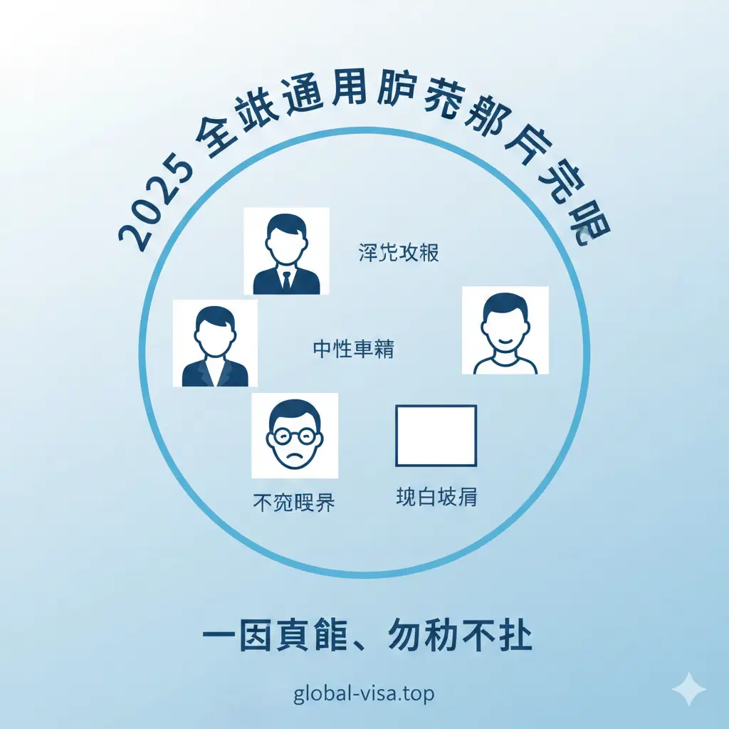 一张信息丰富的总结图，汇集了本文的核心要点。画面包含清单式的小图标：白色背景、深色衣服、中性表情、不戴眼镜。背景采用轻盈的渐变蓝，构图均衡，中心环绕着‘2025全球通用要求’字样。整体视觉传达出‘一图看懂、万无一失’的总结感，适合用户保存参考。