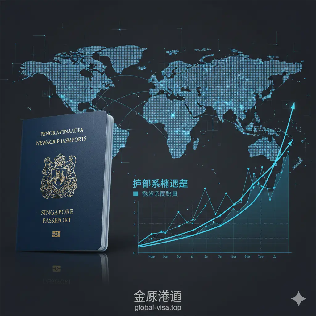 展示护照含金量功能的对比图。画面左侧为新加坡护照的特写，右侧是一个数字化的全球地图，地图上散布着代表免签国家的亮点。视觉元素包含复杂的亨利指数图表折线，展示护照排名上升趋势。整体风格呈现科技感与数据感，采用深灰色背景，搭配亮蓝色的发光线条，强调世界护照排名背后的客观数据分析。