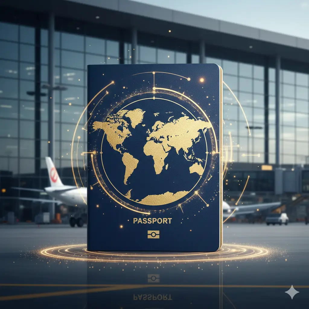 一张极具冲击力的文章封面图。画面中心是一本深蓝色的精致护照，封面印有金色的全球地图轮廓，周围环绕着发光的粒子效果。背景是模糊的现代化国际机场航站楼和大型客机起飞的虚影。整体色调采用商务蓝与金色的搭配，光影层次分明，营造出一种全球通行、高端权威的视觉氛围，构图采用中心对称法。