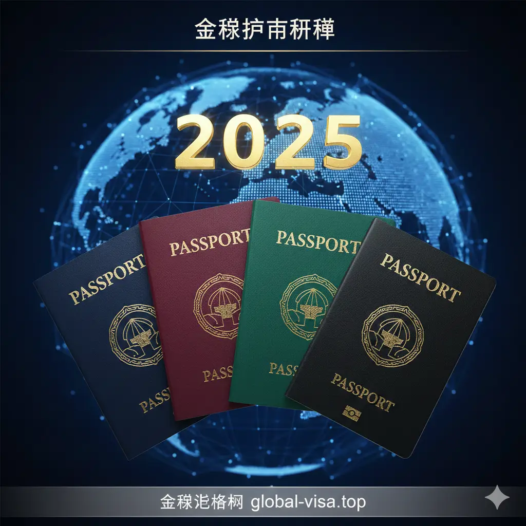 一张极具冲击力的文章封面图。背景是带有发光经纬线的深蓝色科技感全球地图。前景展示多本不同颜色的护照（深蓝、酒红、翠绿、墨黑）呈扇形交错排列，上方悬浮着金色发光的‘2025’字样。画面采用大光圈虚化效果，焦点聚集在护照质感和烫金国徽上，整体色调庄重且高端，体现全球通行与身份价值的主题。