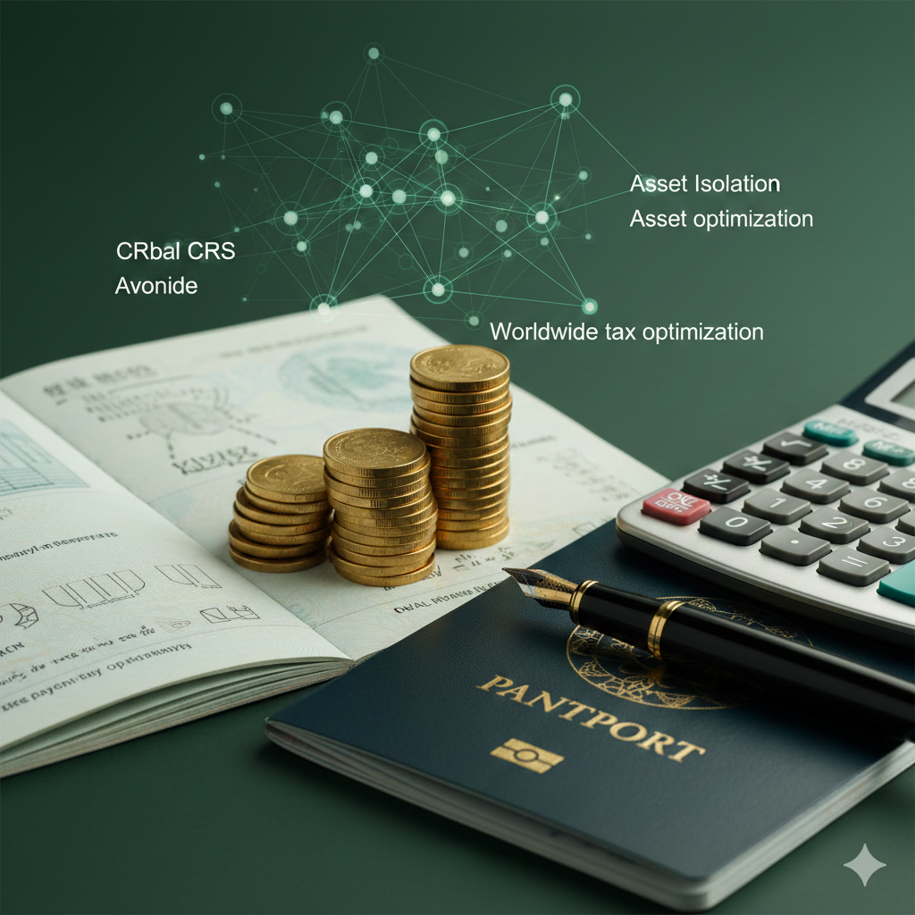 专注于财富管理与税务规划的金融风格图片。画面特写展示了一叠整齐的金币、一支万宝龙钢笔和一个计算器，旁边摆放着一本打开的护照。上方漂浮着数字化的全球网络连接节点图，象征着CRS规避、资产隔离和全球税务优化。整体色调采用代表财富的深绿色和金色，光影处理细腻，传达出稳健、安全和财富增值的核心优势，吸引高净值人群的关注。