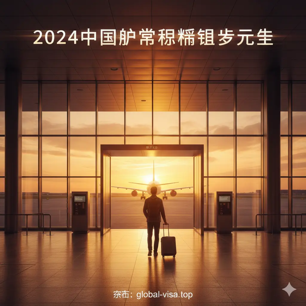 一张充满希望和未来感的总结性图片。画面展示一名旅行者背对着镜头，提着轻便行李，正走向光芒四射的机场登机口，玻璃幕墙外是起飞的飞机。画面上方浮现出‘2024中国护照排名稳步上升’的意象文字。构图深远，色调以日出时的橙金色为主，象征中国护照持有人在全球通行方面迎来的美好未来。