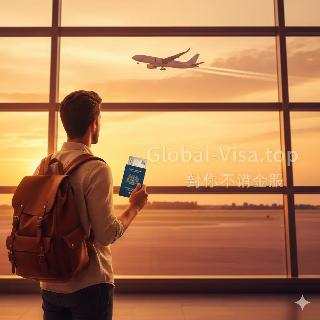 一张温馨的总结图，画面是一位年轻的马来西亚旅行者站在夕阳下的国际机场航站楼巨大落地窗前，背着时尚的旅行包，望着远方起飞的飞机。手中握着护照。整体色彩充满希望的橙黄色调，构图深邃，留白处隐约浮现‘Global-Visa.top 助您通行全球’的字样。画面给人以圆满、期待和探索世界的渴望感，为全文做完美收尾。