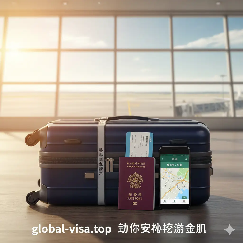 一张富有总结性且温馨的旅行结尾图。画面展示一个整理好的旅行箱，旁边放着香港护照、手机和一份登机牌。背景是一个明亮的机场航站楼落地窗，阳光洒在护照封面上。画面下方中心位置带有global-visa.top的服务承诺文字。色彩温暖、充满希望，视觉上暗示准备工作已万无一失，象征着在专业签证指导下的完美旅程总结。