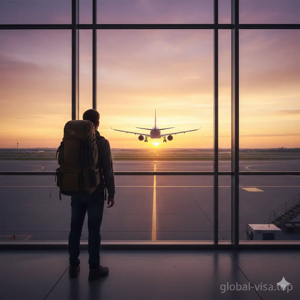 一张充满意境的总结性图片。画面展示一个旅行者背着背包，站在落日余晖下的机场巨大落地窗前，望着远方起飞的飞机。