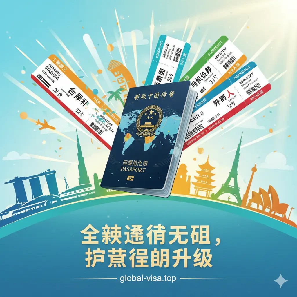 视觉中心是一本中国护照与多张飞往新加坡、泰国、马尔代夫等热门免签地的机票行程单。周围点缀着不同国家的标志性建筑剪影，如金沙酒店、埃菲尔铁塔等。色彩缤纷且明快，充满旅行的愉悦感。构图动态感十足，体现出新版护照在2025年强大的全球通行力与信用资产优势。