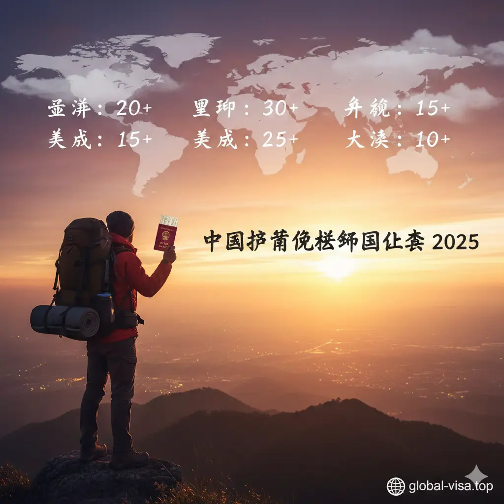 总结性视觉图片。画面展现一名背着旅行包的游客在夕阳下的山顶俯瞰远处的城市剪影，手中拿着护照，表达自由与探索。画面上方有淡淡的云雾，云雾中若隐若现地列出几个主要洲的免签国家数量。整体色彩温暖而充满希望，使用暖橙色与紫色的霞光色调。右下角带有Global-Visa.top的品牌水印感设计，为整篇文章提供完美的视觉收尾。