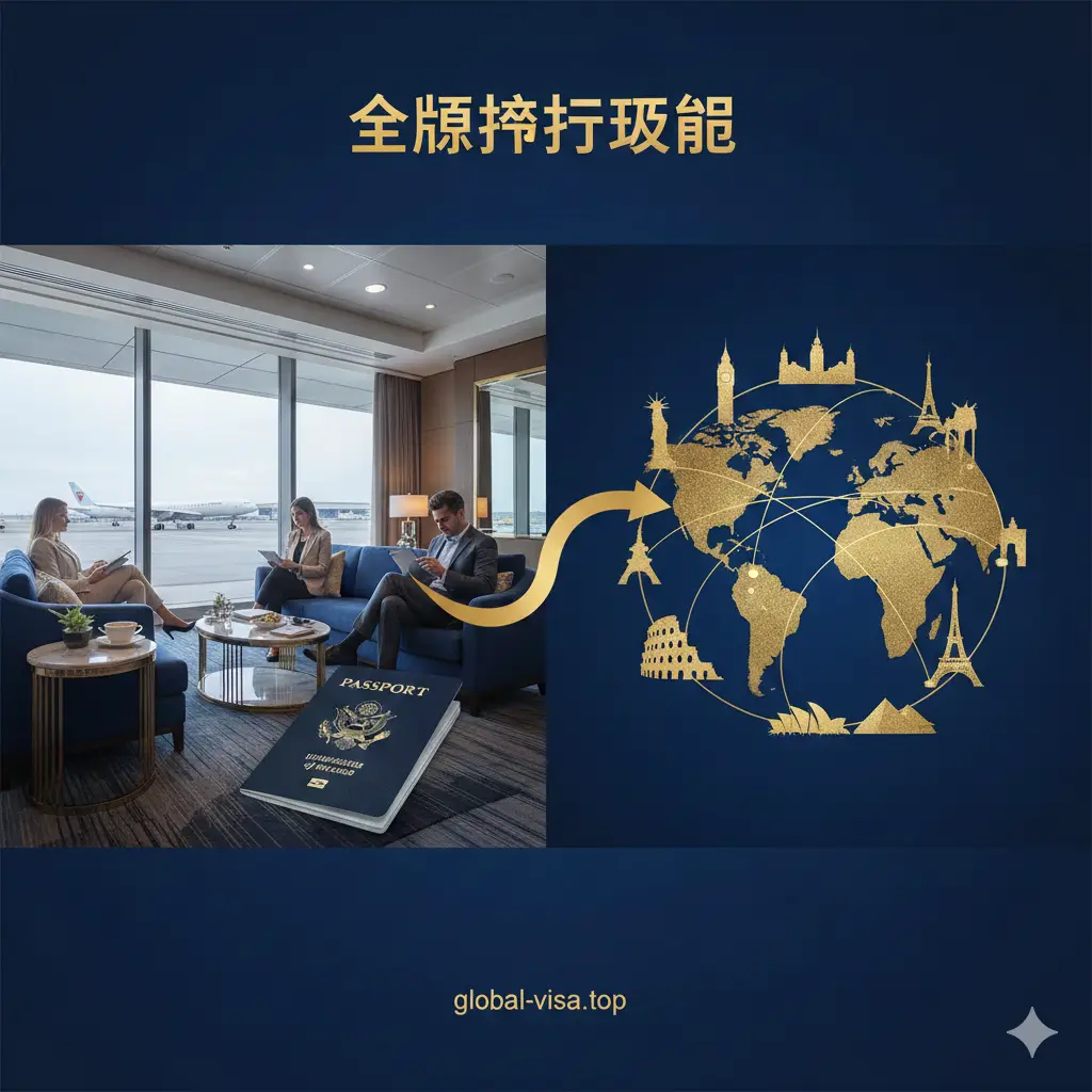 体现美国护照全球通行优势的对比图。画面采用分屏或层叠设计，一侧是繁忙的国际机场VIP候机室，另一侧是代表不同洲的图标（如自由女神、大本钟、东京塔）。通过金色线条连接各个地标，象征无缝衔接的免签网络。色调高雅，以金色和深蓝为主，传达出持证人的尊贵感与出行的极高自由度。