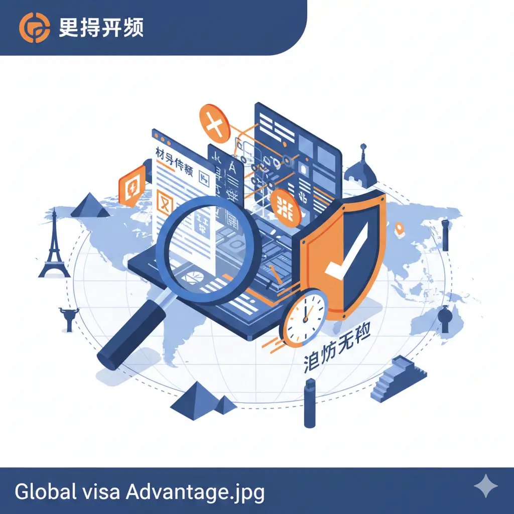 体现global-visa.top专业服务优势的插画风格图片。画面包含一个放大镜聚焦在复杂的签证条款上，旁边是一个带有对勾的盾牌图标，象征‘避坑’与‘安全’。构图上采用等距视角（Isometric），融入时钟元素暗示‘高效快速’。色彩采用品牌化的深蓝色和亮橙色，视觉元素包括全球地标剪影，传达出专业、权威且覆盖全球的服务形象。
