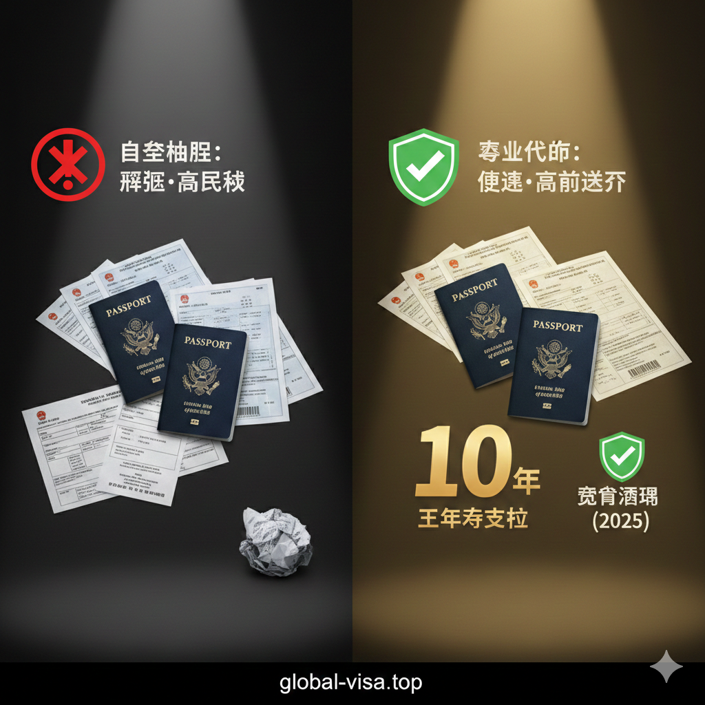 这是一个具有强烈对比效果的优势展示图。画面左侧展示了一堆杂乱无章的文件和带有红色警示符号的图标，象征“DIY自主办理的复杂与拒签风险”；画面右侧则是整齐划一的文件、绿色的盾牌图标和放大的“10年”字样，象征“global-visa.top代办的专业、安全与高通过率”。右侧区域被温暖明亮的聚光灯照亮，传递出信任感和安心感，视觉上引导用户选择代办服务以节省时间。