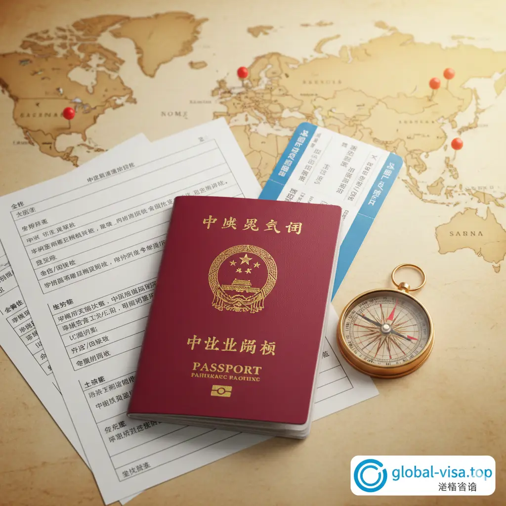 充满旅行憧憬的总结性图片。画面前景是一本已经拿到的崭新中国护照，护照旁摆放着几张热门国家的签证申请表、一张飞往欧洲或美国的登机牌以及一个复古指南针。背景是一张展开的世界地图。