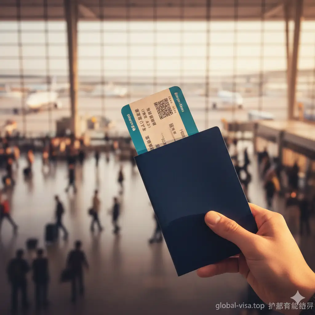 充满旅行憧憬的场景图。背景是虚化的繁忙国际机场航站楼，前景清晰聚焦于一只手拿着一本通用的深蓝色护照夹着一张登机牌。光线温暖而充满希望，寓意着用户在使用照片生成器搞定签证申请后，即将开启顺利的全球旅程，激发用户的行动欲望。