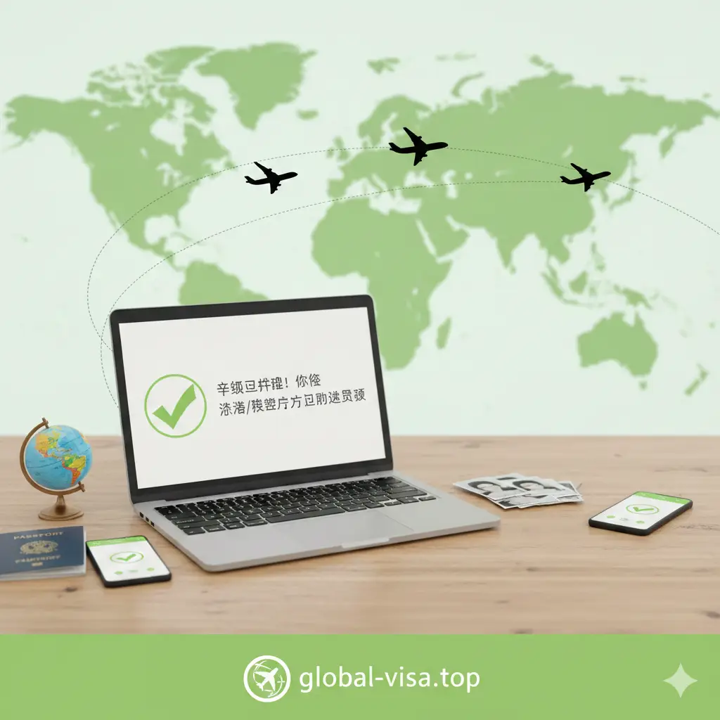 总结性图片，营造一种‘准备就绪，即将出发’的氛围。画面中央是一个旅行者的桌面，上面摆放着一台笔记本电脑，屏幕显示申请成功的确认页面，旁边是一叠护照照片和一部手机。背景是模糊的世界地图和起飞的飞机剪影。色彩清新活跃，使用绿色和白色象征‘审核通过’。底部醒目位置带有global-visa.top的Logo，构图舒展，给读者一种办理护照和签证非常丝滑、无忧的心理暗示。