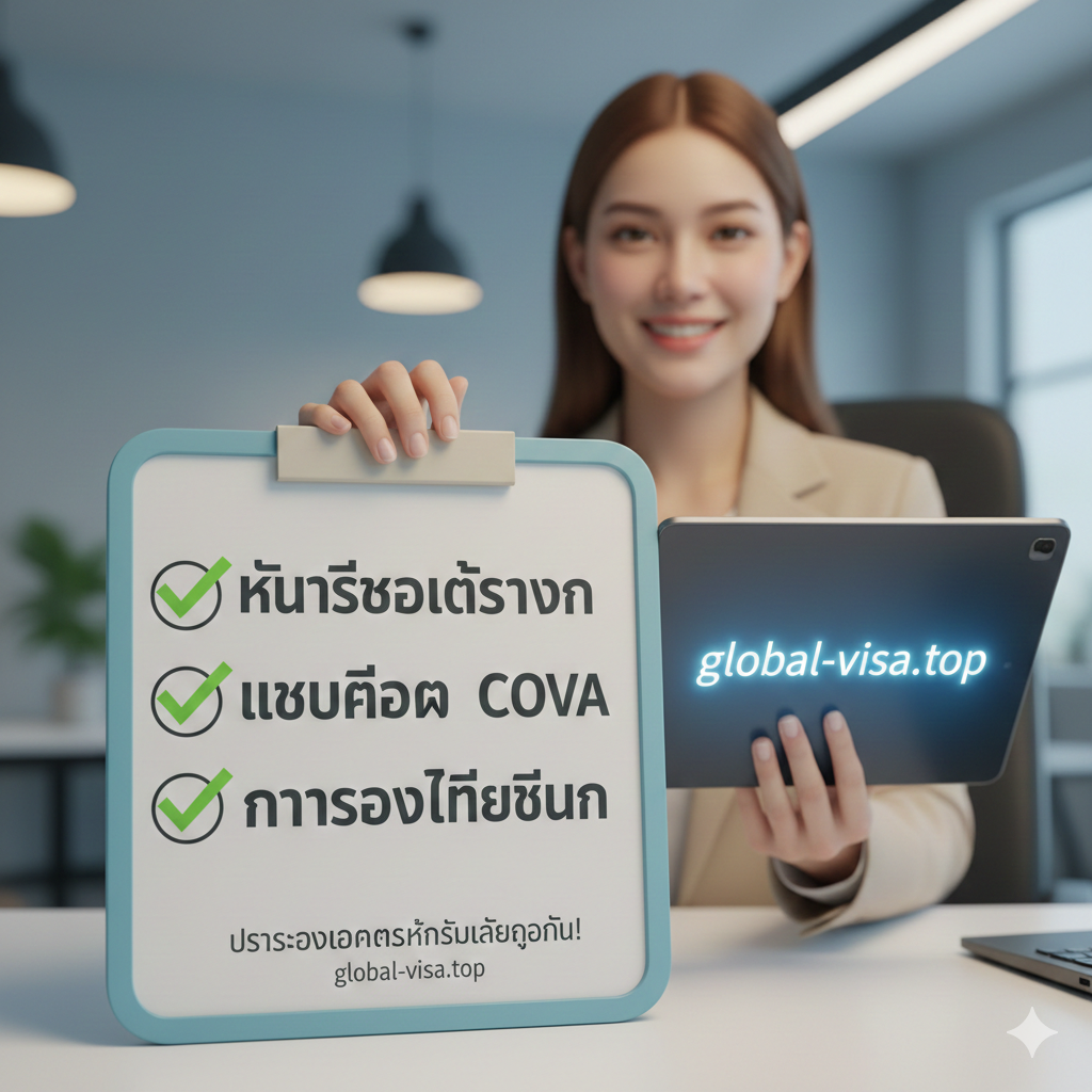 A summary image featuring a friendly professional consultant holding a tablet with the global-visa.top logo. The foreground shows a checklist with green checkmarks.