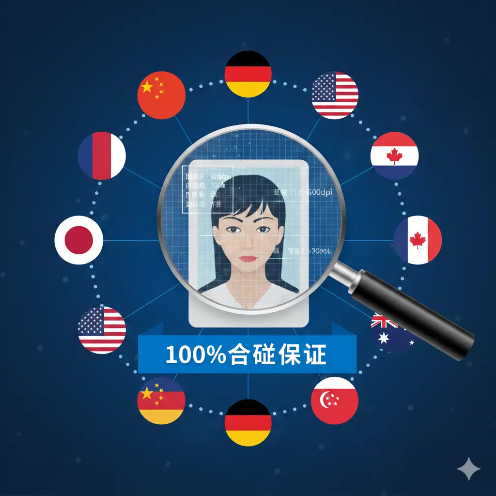 体现global-visa.top专业优势的视觉图片。画面中心是一个带有放大镜的护照照片,放大镜下显示出精细的像素检测数值。周围环绕着中国、美国、英国、日本等多个国家的国旗标志,并在照片下方标注‘100%合规保证’字样。背景采用深蓝色商务纹理,营造出一种值得信赖、权威且覆盖全球服务的品牌感。