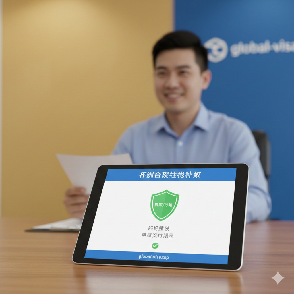 一张充满信任感和解决方案导向的总结图片。前景是一台放在办公桌上的平板电脑，屏幕上清晰显示“出行合规性计算器”的界面，结果显示绿色的“低风险/合规”盾牌标志。背景虚化，隐约可见一位专业的签证顾问正在微笑服务或整理文件，色调温暖（金色与品牌蓝），营造出安全、专业、无忧的氛围，引导用户使用global-visa.top的服务。